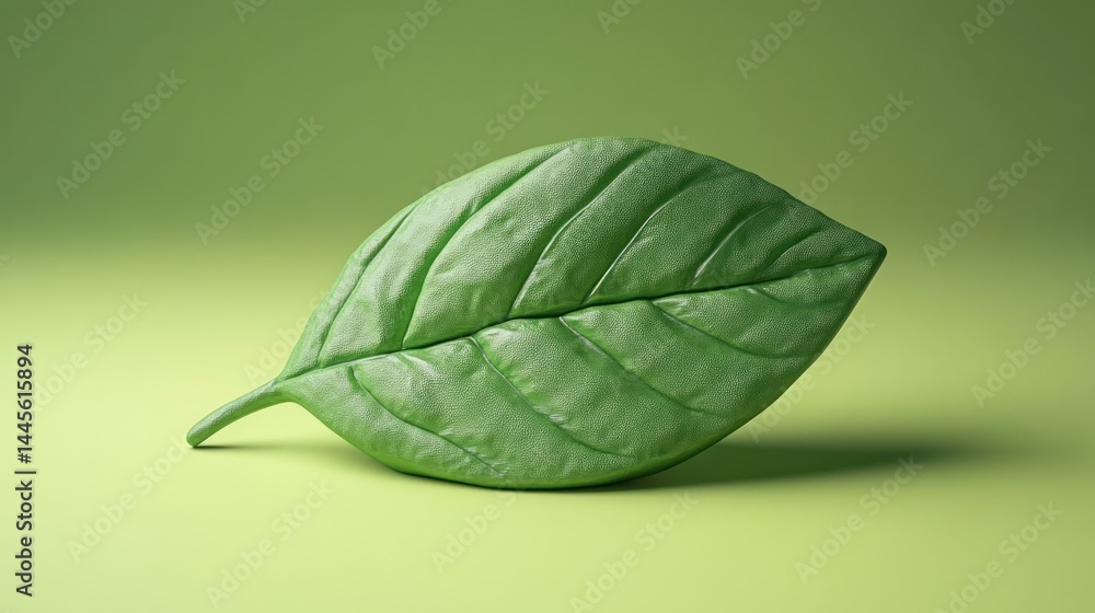 Wall mural close up of a single vibrant green leaf with intricate veining and texture on a solid colored backgr