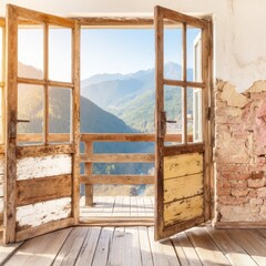 A Serene View from an Open Wooden Window Overlooking Majestic Mountains and a Peaceful Valley Under a Clear Blue Sky
