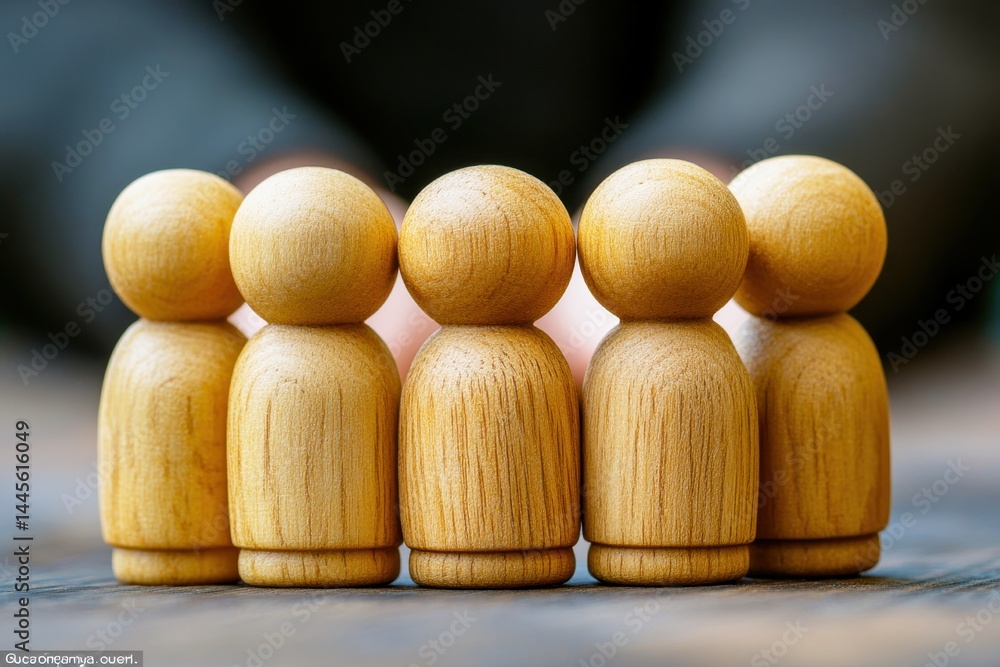 Poster wooden figurines arranged in a row showcasing teamwork and collaboration concept in a warm and invit