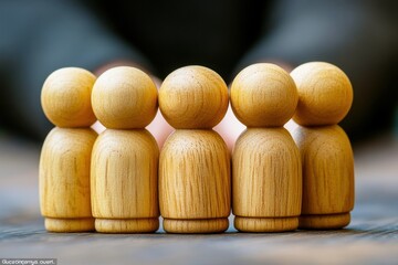 Wooden figurines arranged in a row showcasing teamwork and collaboration concept in a warm and inviting environment