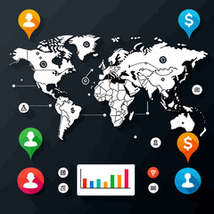 Global Business Network_World Map with People_Finance_and Growth Icons_Visualize International Connections and Success_Infographic Design for Global Strategies