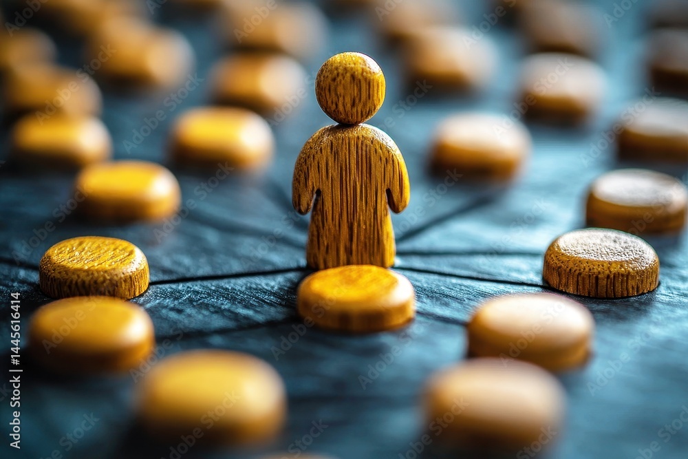 Poster centered wooden figure among circular tokens on a dark surface with a focus on relationships and con