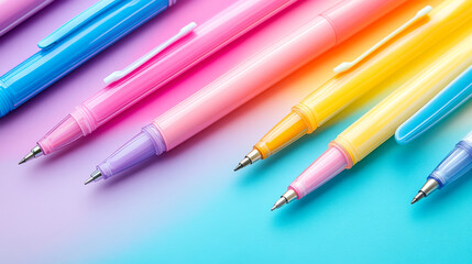Top view of pastel-colored pens arranged on a vibrant background