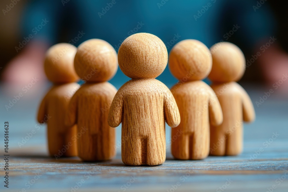Poster wooden figurines representing teamwork and collaboration with blurred background for business concep