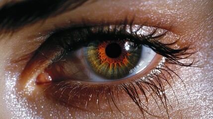 Naklejka premium Human eye in extreme close up with colorful reflections symbolizing the science of color perception.