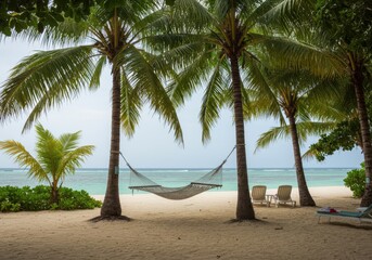 Hammock between palms on tropical beach for summer vacation vibes
