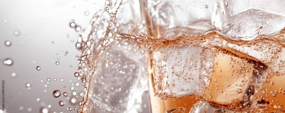 Poster close up of a refreshing beverage with ice cubes splashing