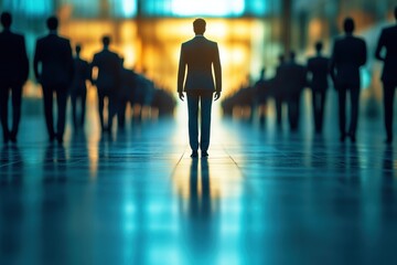 Fototapeta premium Silhouette of a Determined Businessman Amidst a Crowd of Professionals in a Modern Office Environment, Symbolizing Leadership and Individuality