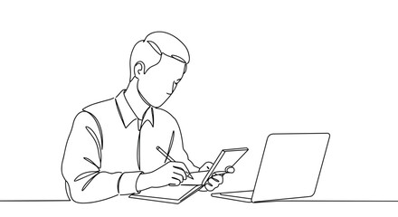 Line art of a man working on a laptop while taking notes  