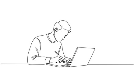Person writing notes while using a laptop in a minimalistic style  