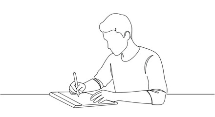 Line drawing of a man writing on a notebook  