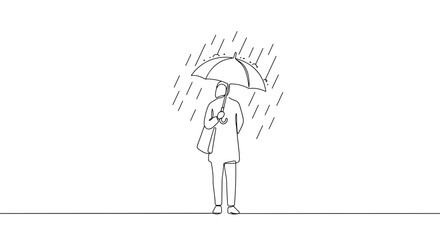 Person holding umbrella in rain, minimalistic black and white  