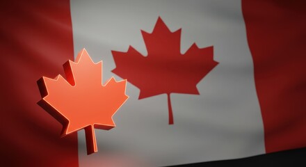 Fototapeta premium Canadian Maple Leaf Symbol 3D Render Against Waving Canadian Flag Background Patriotism National Pride