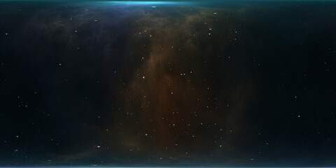 360 degree space nebula. Giant interstellar cloud with stars, equirectangular projection, environment map. Spherical panorama. 3D rendering, Fractal image