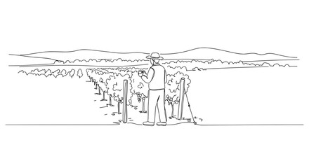 Naklejka premium Vineyard worker inspecting grape vines in a scenic landscape 