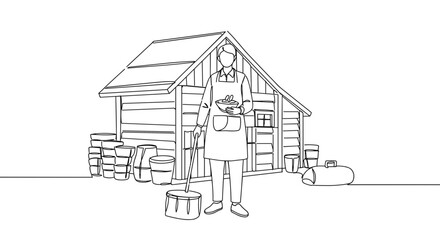 Person in apron holding bucket near wooden shed  