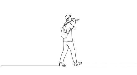 Person walking with a backpack, enjoying leisure time, on a simple background  