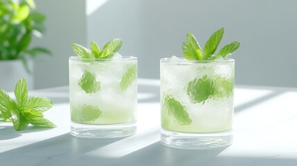 Fototapeta premium Refreshing mint drinks on a light surface