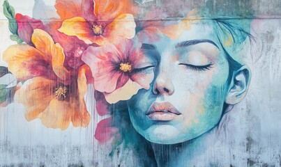 Mural street art with abstract pastel woman faces and flowers. AI generated illustration.