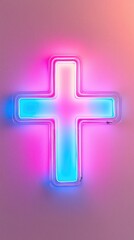 Obraz premium Vibrant Pink and Blue Neon Cross Light Wall Decor with Glowing Effect for Religious Symbols Spiritual Inspiration and Modern Interior Design Accent