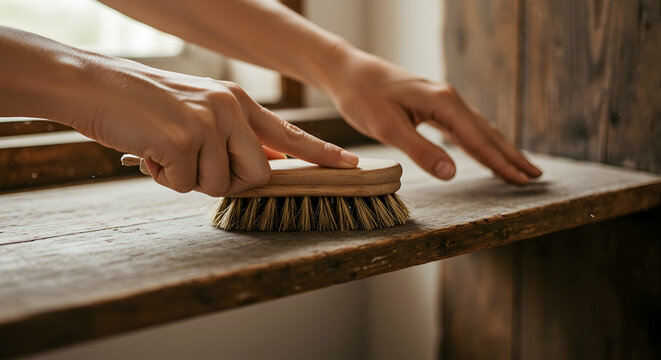 Woman dusting a wooden shelf with a brush spring cleaning home maintenance household chores cleaning tools domestic work - Powered by Adobe