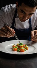 Professional chef plating gourmet dish with precision