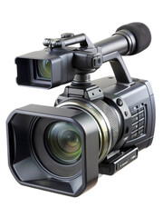 Professional black camcorder with microphone on a transparent background closeup