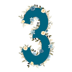 Teal azure blue and yellow watercolor flower and rose number three with green foliage. High-resolution and isolated on a blank background, perfect for creative projects.