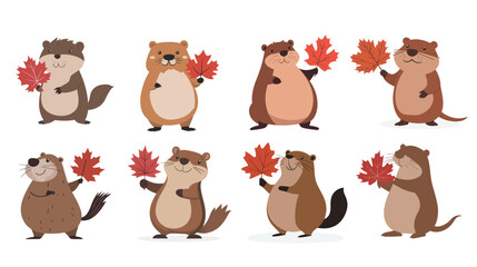 Fototapeta premium Standing Beaver Holding a Red Maple Leaf – Canadian Wildlife Mascot Vector