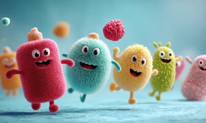 Colorful, fuzzy cartoon monsters with happy faces joyfully playing together on a blue background.