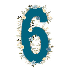 Teal azure blue and yellow watercolor flower and rose number six with green foliage. High-resolution and isolated on a blank background, perfect for creative projects.