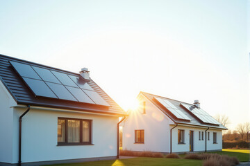 A photo of a newly constructed eco-friendly house with solar panels and energy-efficient windows