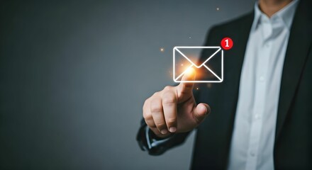 Businessman Touching Digital Email Icon with Notification Alert on Dark Gray Background – Concept of Communication and Technology – Copy Space