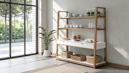 Front view of empty shelf on white table showcase and wall background with natural window light. Display of backdrop shelves for showing minimal concept. Realistic