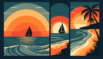 Poster with Sunset tropical beach with palm trees and sea.