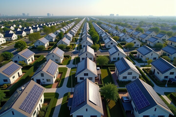 Obraz premium A bird's-eye view of a neighborhood with multiple houses, each featuring solar panels on their rooftops