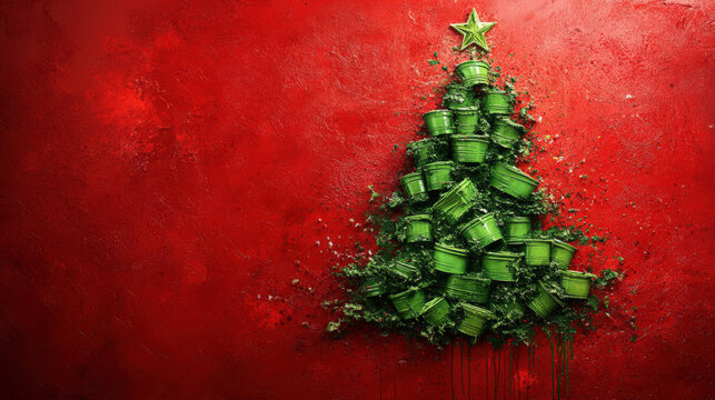 A Christmas tree made from buckets of paints in varying shades of green. The tree is stylized with clean, flowing brushstrokes that form its triangular silhouette, set against a bold red background.