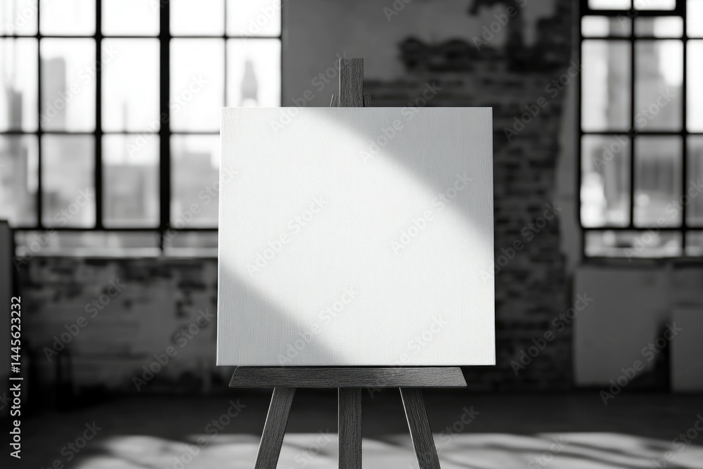 Poster blank canvas on easel in a rustic studio setting, ready for artistic creation.
