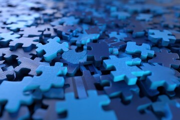 Pile of scattered blue puzzle pieces in soft focus.