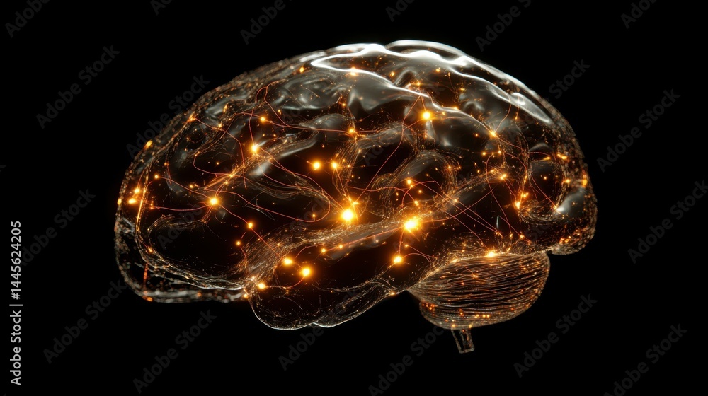 Poster a detailed digital brain model showcasing glowing neural activity, symbolizing the connection and pr