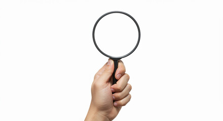 hand with magnifying glass on white background
