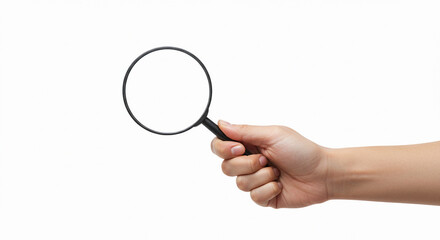 hand holding magnifying glass isolated on white background