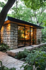 Naklejka premium Charming stone structure surrounded by lush greenery, illuminated warmly at dusk, showcasing modern design harmoniously blending with nature