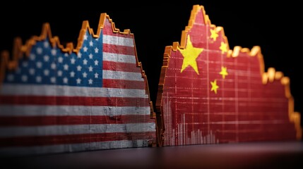 International Tariffs Agreements. Financial markets represented by USA and China flags on a graph.