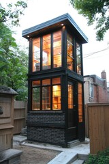 Modern glass-enclosed structure enhances outdoor space with stylish design and natural light in a residential backyard during evening hours