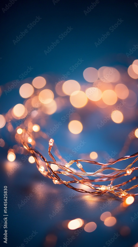 Poster copper wire string lights with warm-toned bulbs, creating a soft glow against a dark blue background