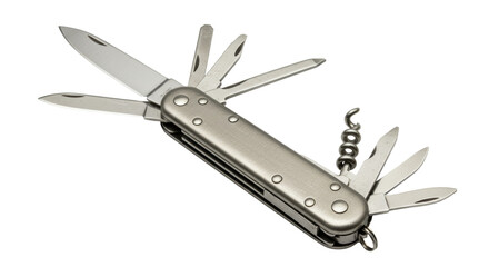 Isolated Silver Multi-Tool Pocket Knife with Various Blades