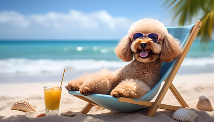 Poodle puppy on the sea on summer, vacation holidays concept