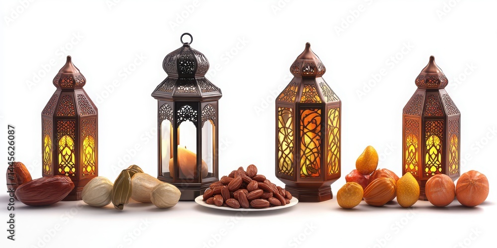 Fototapete eid festive lamp and date set isolated with white background