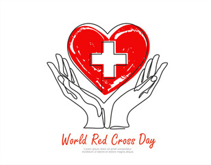 Continuous one line drawing of hands hold heart 
 with cross. World Red Cross Day background or banner design template celebrated in 8 may. Editable stroke.